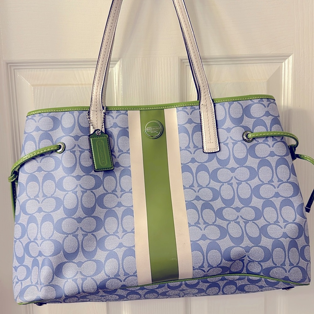 Coach blue and green large tote. Excellent condition.